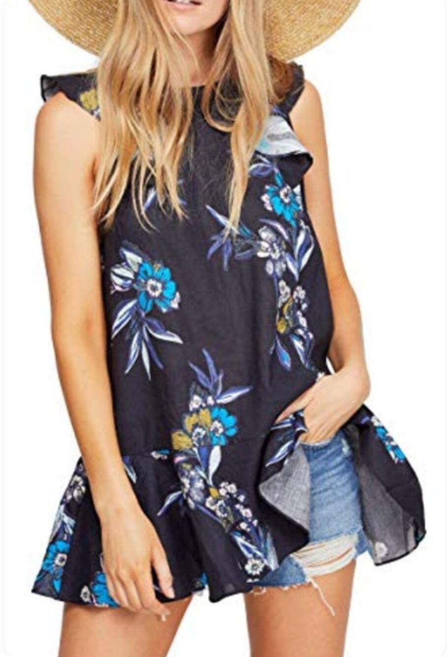 172 NWOT Free People Womens Summer in Tulum Linen Floral Tunic | Black | S